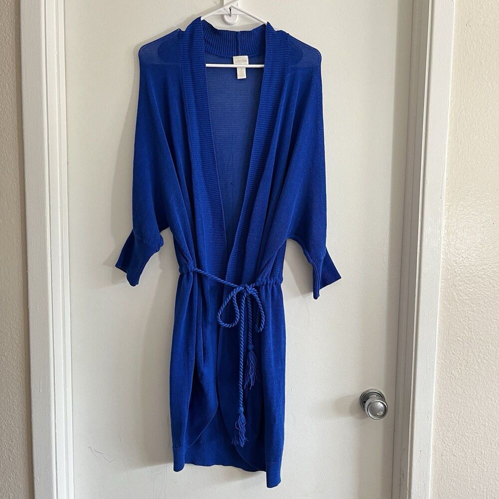 Chicos Royal Blue Long Cardigan Sz 2 L Tie Front Lightweight Knit